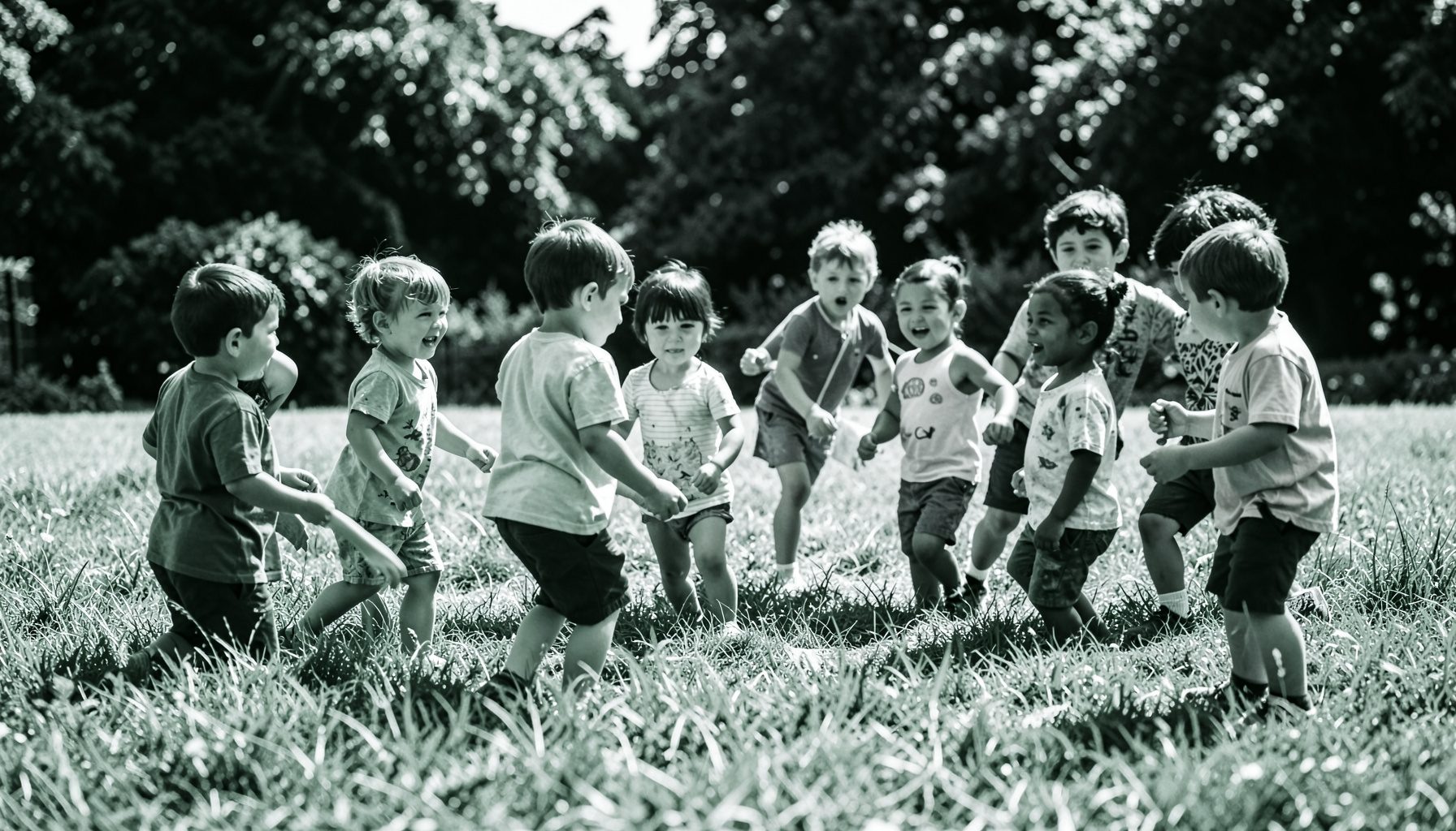 Fotografia in duotone bianco e nero di un gruppo di bambini che giocano all'aperto in un prato, atmosfera luminosa e solidale