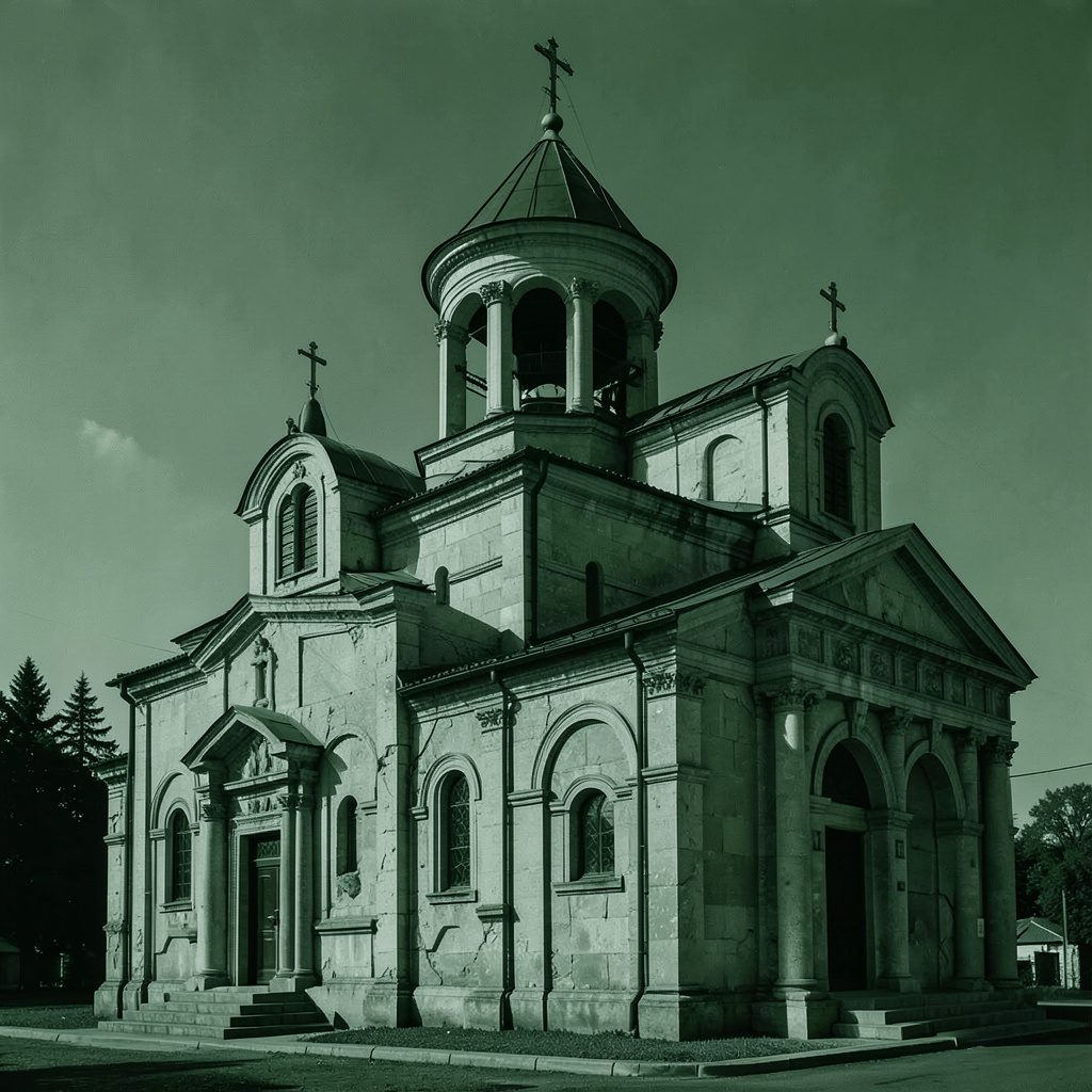 Fotografia in bianco e nero di una chiesa ortodossa, atmosfera solenne e raccolta